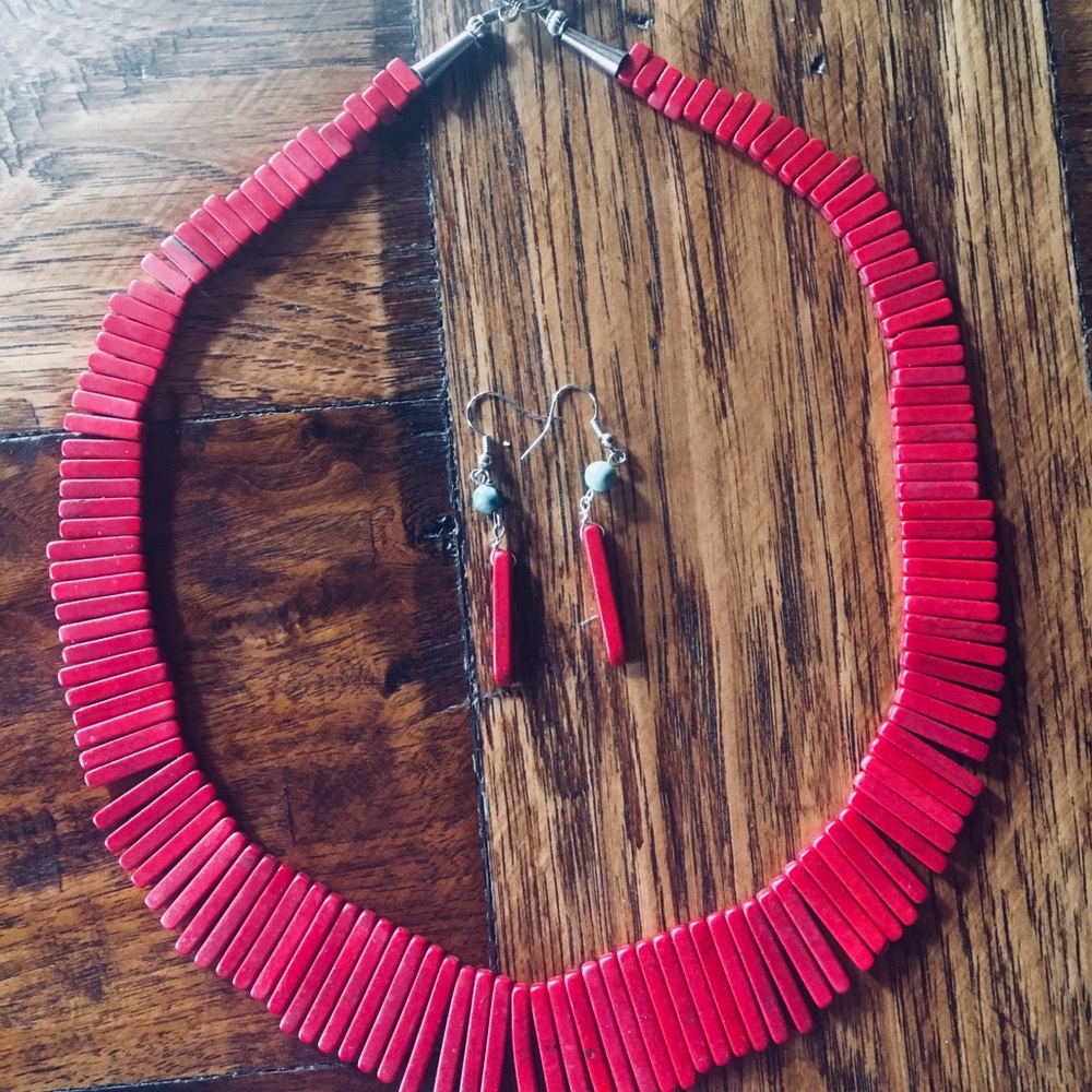 Beautiful Red Howlite spiked necklace and earrings